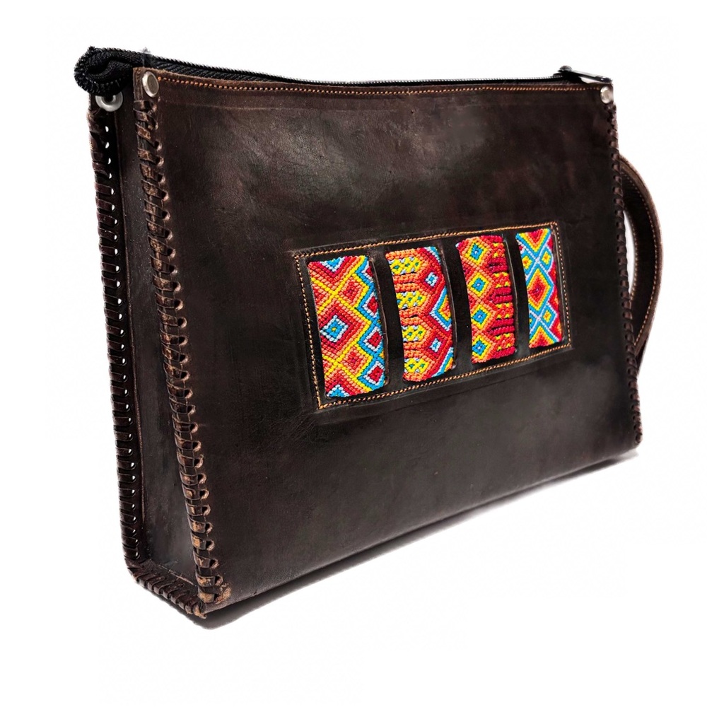 NEW - Handmade Genuine Leather Aztec Woven Clutch Purse Bag Made in Mexico